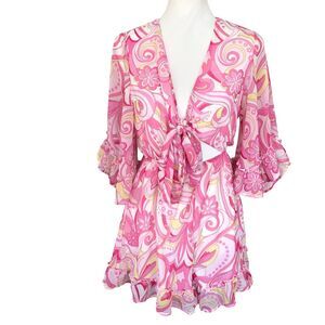 Miami Sexy Floral Deep V-Neck Ruffle‎ Boho Romantic Hipster Romper Sz XS